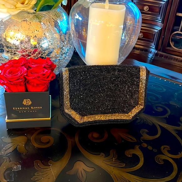 Handbags - Beaded Clutch Hand Bag in Black & Gold